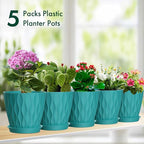 Meowell 4 inch Small Plastic Nursery Pots, 5 Pack Water Ripples Flower Pots for Indoor Plants, Plant Pots with Drainage Holes and Saucers, Seedling Starter Planters for House Plants, Blue Green