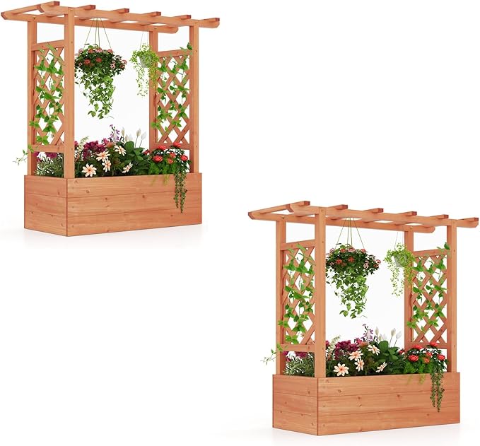 HAPPYGRILL Raised Garden Bed with Trellis, 2 Pack Freestanding Wood Planter Box w/Hanging Roof & 4 Drainage Holes for Vine Climbing Plants Flowers, Outdoor Planter with Trellis for Garden Patio Yard