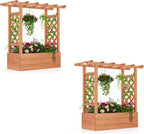 HAPPYGRILL Raised Garden Bed with Trellis, 2 Pack Freestanding Wood Planter Box w/Hanging Roof & 4 Drainage Holes for Vine Climbing Plants Flowers, Outdoor Planter with Trellis for Garden Patio Yard
