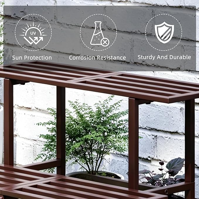 Plant Stand Indoor Outdoor, Foldable Metal Plant Shelf for Multiple Pots, Mid Century Slatted Bench for Patio Garden, Heavy Duty Capacity 330 lbs 2 Tier Coffee