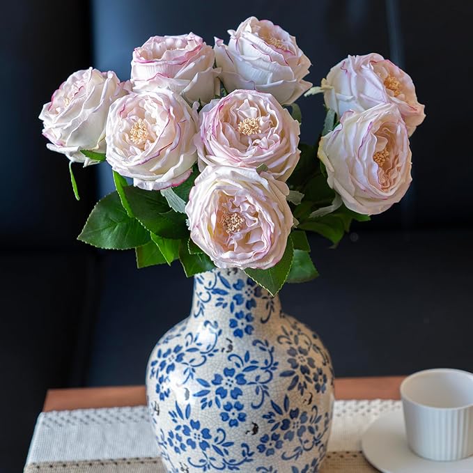 DUYONE Light Pink 4pcs Fake Flowers for Decoration Home Decor Artificial Flowers Austin Rose Peony Latex Fake Flower Living Room Decoration Vivid Pink Roses Peonies(Pink Edge 4pcs)