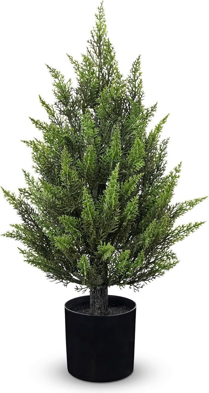 Briful 17.7'' Artificial Cedar Topiary Tree in Black Pot – Lifelike Evergreen Faux Plant for Outdoor Indoor Home Decor, UV Resistant, Potted Fake Cypress Shrub for Farmhouse Living Room Décor