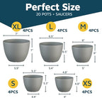 Planter Pots with Drainage Holes - Lightweight, Durable & Space-Saving Pots for Indoor and Outdoor - Versatile Functionality, Simple Modern Design, Set of 20 Plastic Planter Pots - Gray