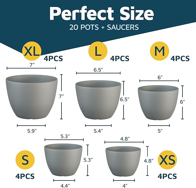 Planter Pots with Drainage Holes - Lightweight, Durable & Space-Saving Pots for Indoor and Outdoor - Versatile Functionality, Simple Modern Design, Set of 20 Plastic Planter Pots - Gray