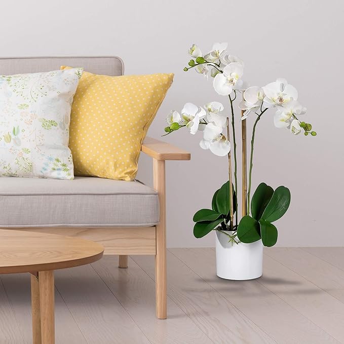 Serene Spaces Living White Realistic Phalaenopsis Orchids in Pot, Artificial Potted Flowers - Beautiful Entryway Vase, Foyer Table Décor, Measures 26" Tall & 5" Diameter, Set of 6