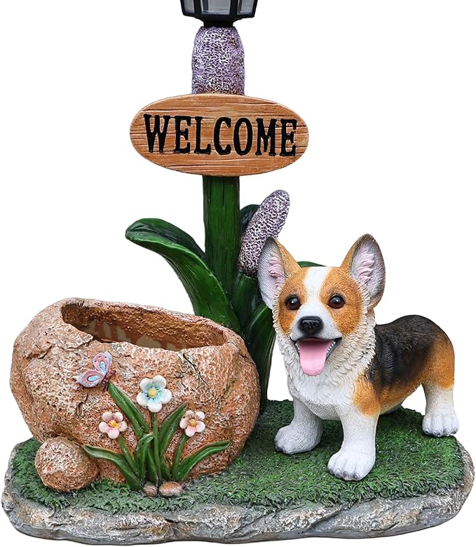Animal Outdoor Statue Planter Solar Light Welcome Garden Sculpture Resin Flower Pot Decorative Porch Patio Yard Lawn Entryway Figurine with LED Lamp Rustic Plant Holder Ornament Courtyard (N)