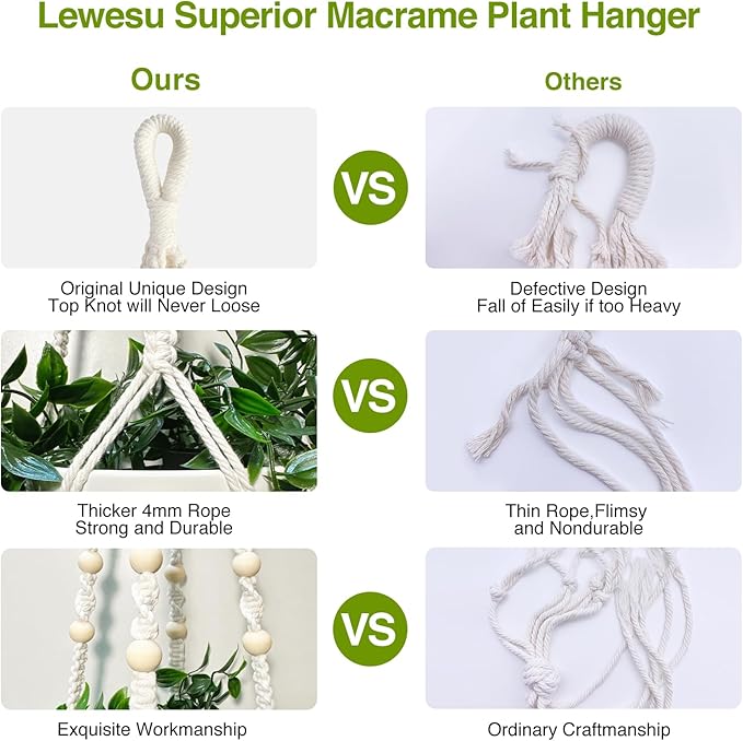LEWESU Macrame Plant Hanger Indoor Set of 4 with 8 Hooks, Indoor Outdoor Hanging Planter for Plants Holder with Decorative Wood Beads & No Tassels, Boho Home Decor, 35 Inch Ivory (Pots Not Included)