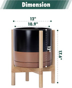 D'vine Dev Ceramic Planter with Natural Stand - 12 Inch Modern Round Flower Pot with Wood Planter Holder, Black/Speckled Tan, 55-B-J-7