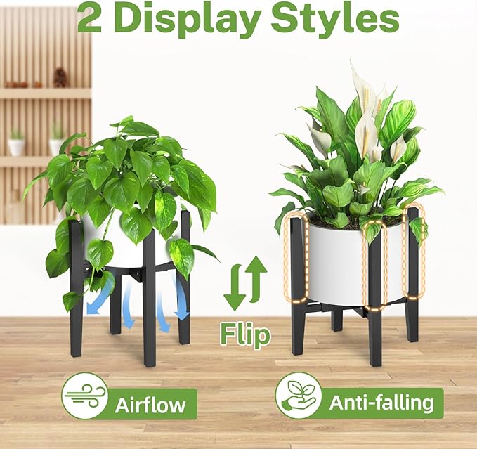 iDavosic.ly Adjustable Plant Pot Stand 2 Pack Indoor Outdoor, Mid Century Modern Bamboo Short Single Flower Holder Fits 8 to 12 Inch Large Heavy Duty Planter (Not Included) | Black
