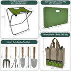 Garden Tool Set with Folding Kneeler Stool Green Steel Frame Oxford Fabric 8PCS Gardening Tools with Insulated Tote Bag Knee Mat for Outdoor Gardening Camping Fishing