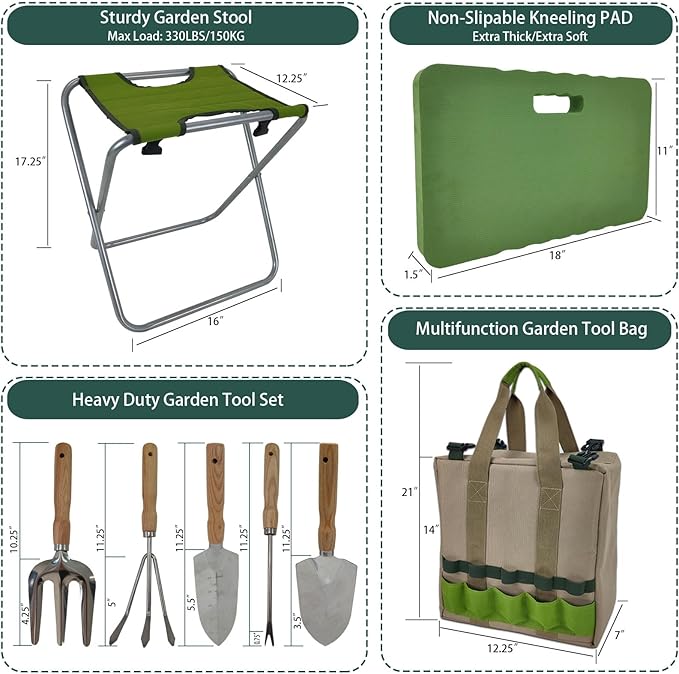 Garden Tool Set with Folding Kneeler Stool Green Steel Frame Oxford Fabric 8PCS Gardening Tools with Insulated Tote Bag Knee Mat for Outdoor Gardening Camping Fishing