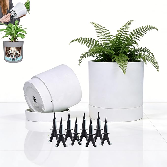 GreenShip Planter Set of 2 (9.8" & 7.8") – Cylinder Planters with Drainage Hole and Planter Saucer, Jun Porcelain Clay & Recycled Resin, Decorate Home,Office & Outdoor,White pots