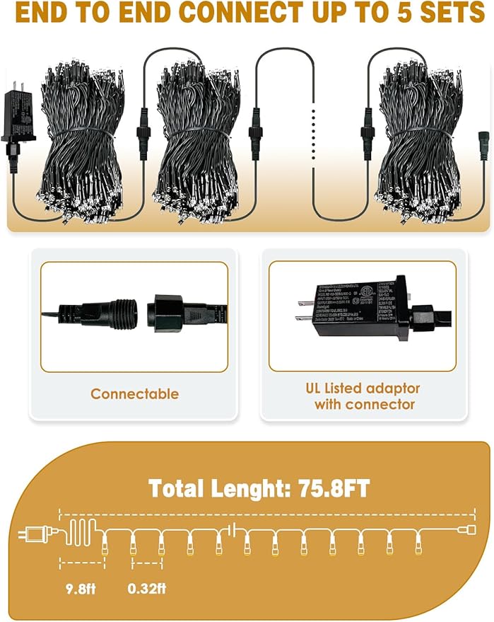 Upgraded 75.8 FT 200 LED Multicolored Christmas Lights Outdoor and Indoor, Extendable Green Wire, Memory Function & Timer & 8 Modes, Waterproof Super Bright Lights for Xmas Tree Holiday Party Garden