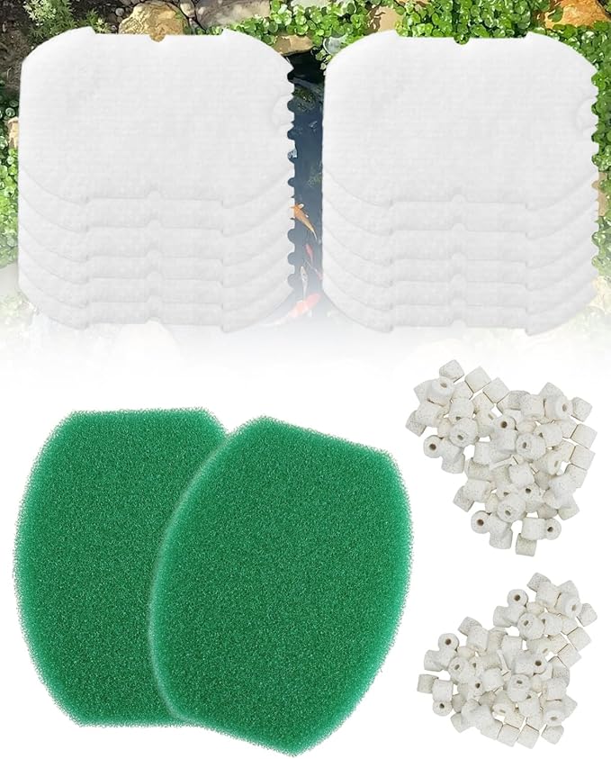 16 Pack Pond Filter Media Kit Compatible with Aquagarden Inpond 5in1 200 Gallon, 12 White Floss Pads, 2 Thick Foam Filters, 2 Bags Ceramic Rings