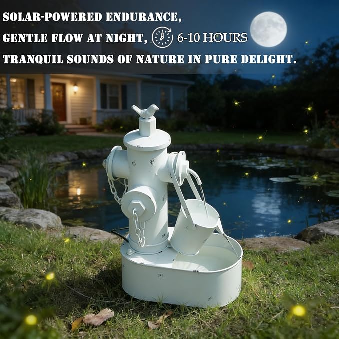 Metal Fire Hydrant Solar Water Fountain with Backup Battery,Solar Powered Water Fountain Outdoor,Solar Fountain Bird Bath for Garden, Patio & Yard Decor,Working at Night for at Least 6 Hours (White)