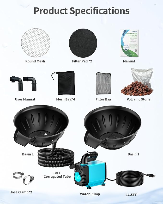 POPOSOAP Spillway Bowl and Basin Fountain Kit, Spillway Bowl Fountain with Pond Pump for Formal Waterfall Spillways, Water Gardens Basin Kit For Indoor/Outdoor DIY Water Feature Pond Garden-P721