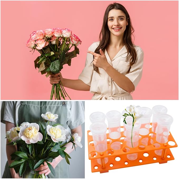 8Pcs 60ml Large Floral Tubes with Rack Holder, Detachable Floral Tubes Holder for Milkweed Leaf, Stem and Flower Cutting, More Stable Flower Holder