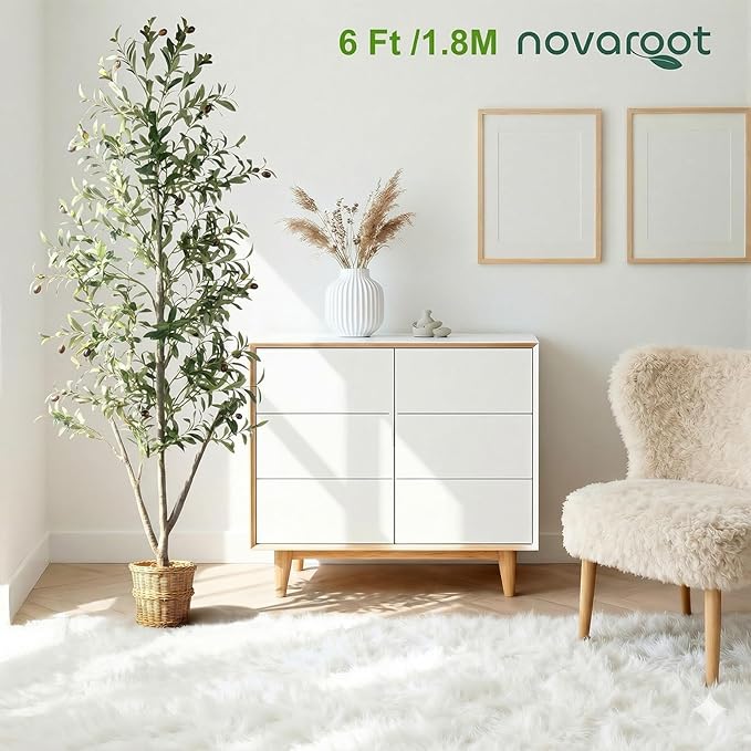 Olive Trees Artificial Indoor, 6FT Tall Faux Olive Tree with Light Kit Moss and Planter, Faux Plants Indoor with Natural Wood Trunk and Lifelike Fruits, Fake Tree for Home Office Living Room Decor
