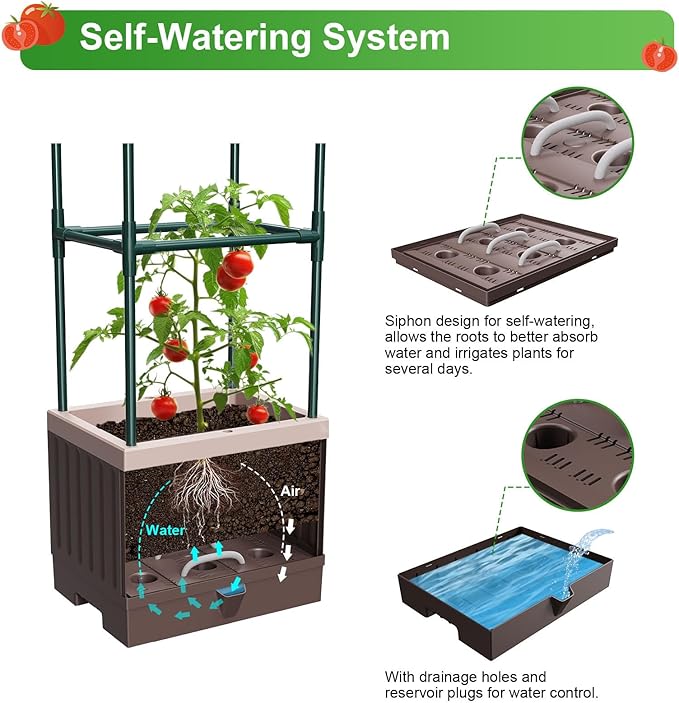 Raised Garden Bed Planter Boxes with Trellis,1pcs 70.9" Self-Watering Tomato Planter Boxes with Trellis for Climbing Vegetables Plants Flowers Tomato,Use for Indoor Outdoor (Brown)