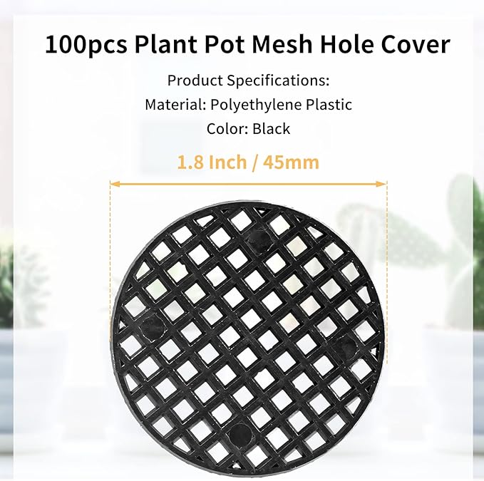 Bivethoi 100pcs Plant Pot Mesh Hole Cover Bonsai Drainage Mesh Insert, Flower Pot Hole Mesh Pad Bottom Grid Mat, Round Mesh Screen Pot Bottom Gasket for Garden Prevent Soil Loss (1.8" / 45mm, Black)