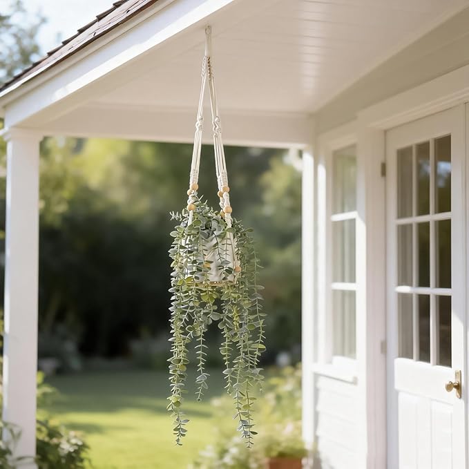 Decorative Hanging Plants for Shelf, Faux Ivy Eucalyptus Vine, Fake Greenery in White Pot (Extra Large)