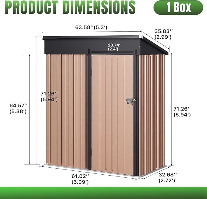 Aoxun 5' x3 ' Outdoor Metal Storage Shed with Galvanized Steel Base, Heavy-Duty Garden Tool Shed for Patio, Lawn, and Garden, Brown