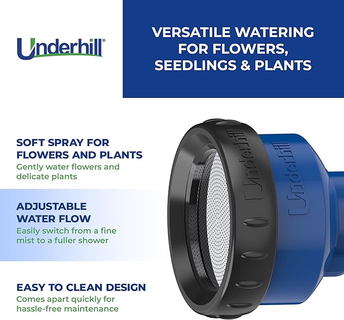 Underhill Commercial Gentle Spray Shower Nozzle, Garden Water Hose Sprayer for Watering Plants and Flowers, 3/4", Includes 3 Stainless Steel Pattern Plates (450, 750 and 1000 Holes)