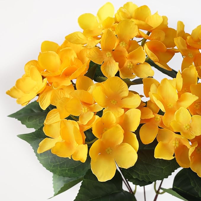 FOTEEWL 8 Bundles Artificial Hydrangea Flowers for Outdoor Decor, Realistic Faux Silk Bouquets Sun-Resistant Fake Plants for Front Door Balcony Farmhouse Garden Home Spring Summer Decor (Yellow)