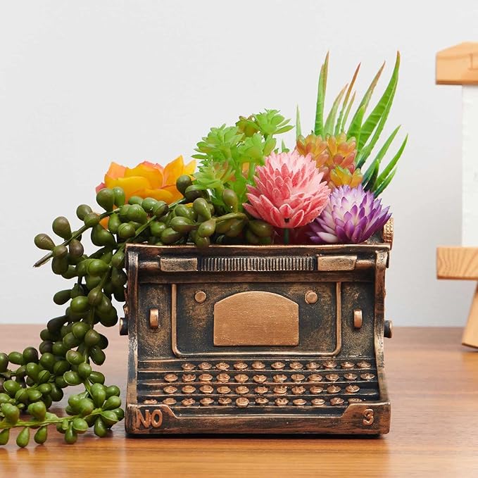 Typewriter Decorative Planter Plant Gift - Desk Decor Succulent Pot for Indoor Plants Typewriter Home Shelf Office Decor Small Flower Pot with Drainage