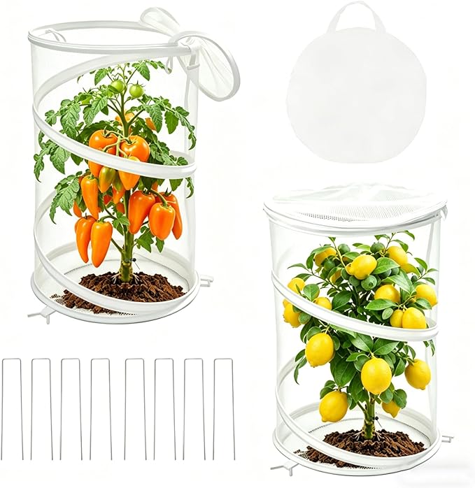 2-Pack Pop Up Plant Covers, Heavy Duty 12"x20" Mesh Plant Cover & Garden Cloche with Ground Stakes, Windproof Plant Protector Tent for Tomato & Strawberry (Protection from Birds & Animals)