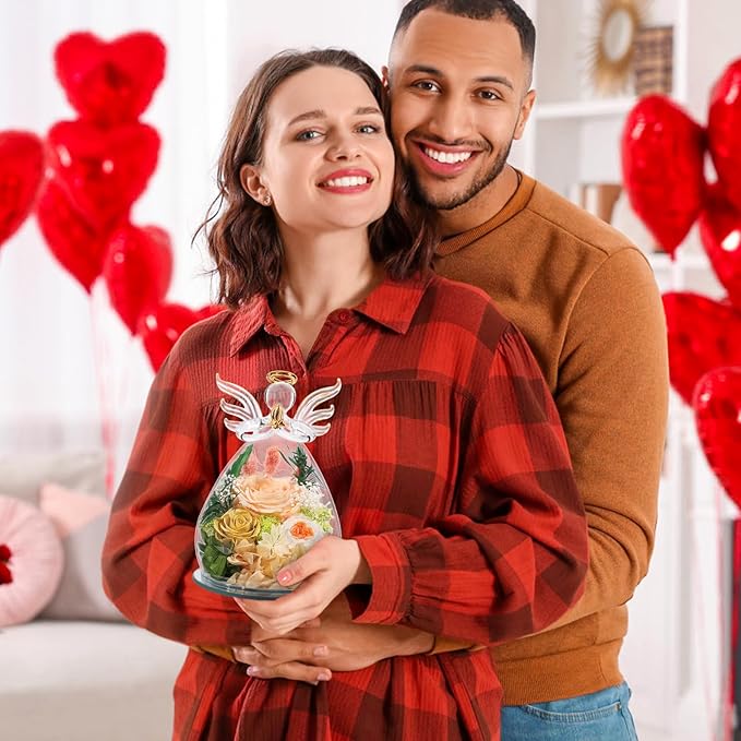 Gifts for Mom Birthday Gifts for Women Preserved Rose Forever Flower in Glass Angel Figurines Fresh Flowers for Delivery Anniversary Real Colorful Roses for Grandma Her Wife Mothers from Daughter