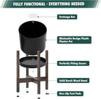 D'vine Dev Planter Pot with Stand - 14 Inch Plastic Cylinder Flower Pot with Wood Planter Holder for Indoor, Matte Black Pot + Walnut Color Stand, 55-C-R-2
