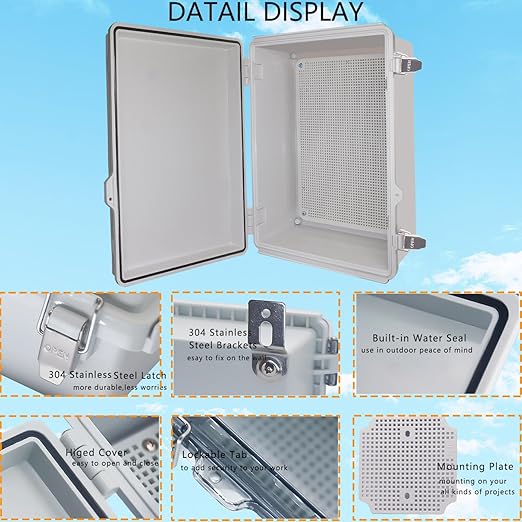 Waterproof Junction Box, ABS Plastic Electrical Box with Stainless Steel Latch, Hinged Cover Electric Project Enclosure Box with Mounting Plate, Wall Brackets 14.6" x10.6''x5.9''