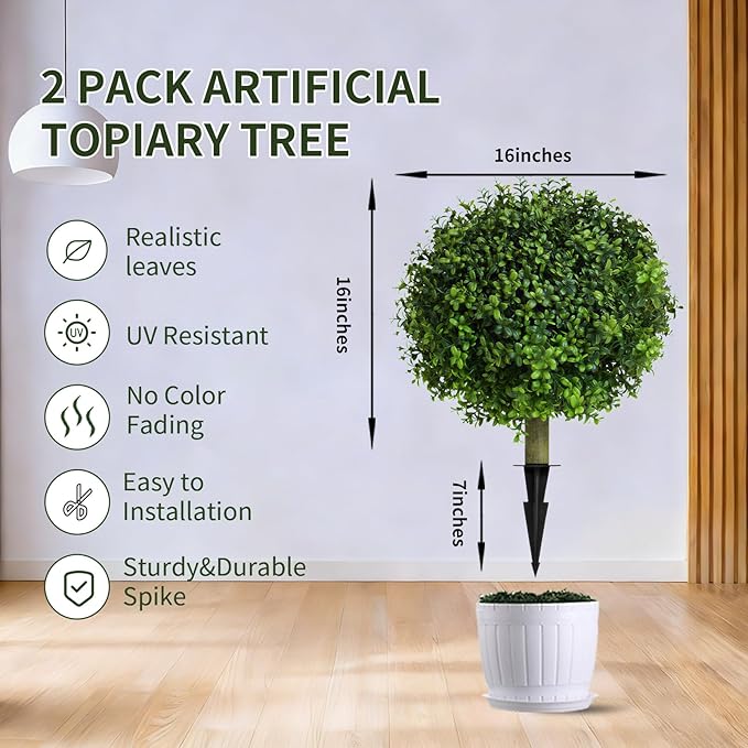23 inches Set of 2 Artificial Topiary Trees for Outdoor, UV Resistant Faux Boxwood Ball Plants, Fake Outdoor Plants & Boxwood Topiary for Indoor, Porch, Patio, Lawn Front Door Decor