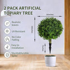 23 inches Set of 2 Artificial Topiary Trees for Outdoor, UV Resistant Faux Boxwood Ball Plants, Fake Outdoor Plants & Boxwood Topiary for Indoor, Porch, Patio, Lawn Front Door Decor