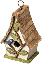 Glitzhome Bird Houses for Outside, 9.5" H Hanging Bird House Distressed Solid Wood Decorative Garden Birdhouse for Outdoors with Natural Wood Pallet Roof and 3D Tree,Washed White