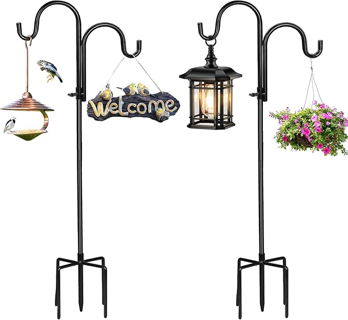 2 PCS Adjustable Double Shepherds Hook for Outdoor 47 inch Garden Shepherds Hook Garden Hanging Holder for Solar Lights Lanterns Bird Cages Weddings Plant Baskets