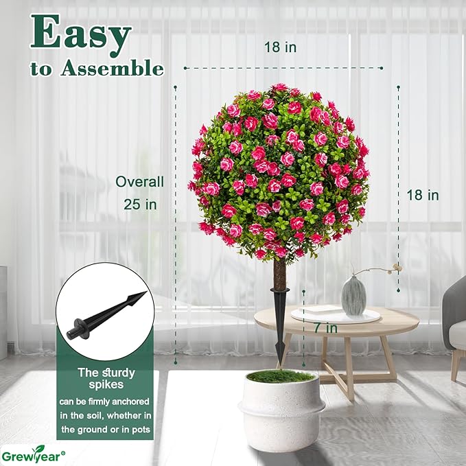 Artificial Plants Outdoor - 18" Wide Set of 2 Faux Boxwood Plants for Outdoor Planters, UV Resistant Artificial Topairy Ball Trees with Spike for Front Porch Decor