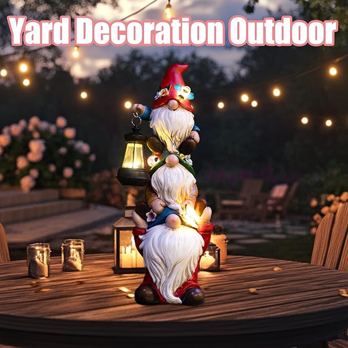 twinbling Garden Gnome Statue with Solar Lights Garden Sculptures Funny Triple Gnome Outdoor Patio Lawn Yard Balcony Home Decor Birthday Gift for Mom Woman Grandma 12 in Summer Gnomes