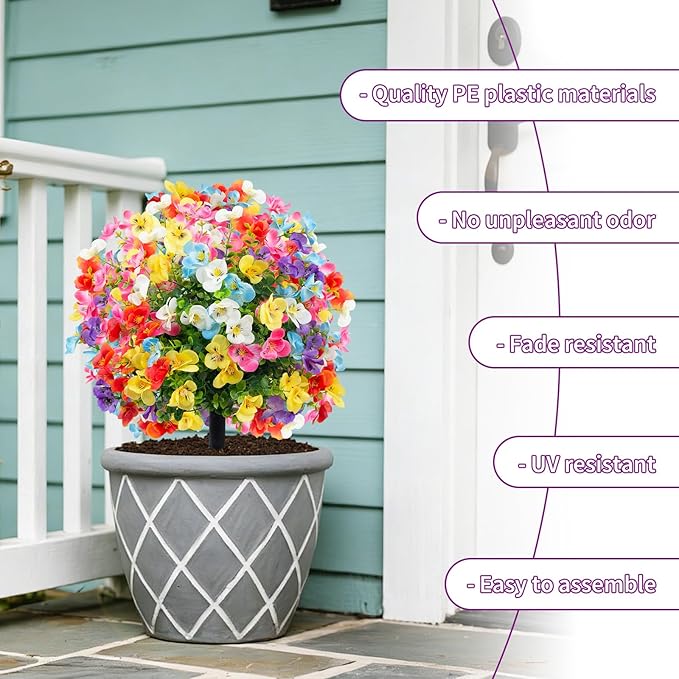 2 Pack Artificial Pansy for Outdoors with Ground Spike, Artificial Flowers Topiary Ball Trees Faux Flowers Bushes for Front Porch Planters Patio Garden Yard Decor (Purple, Red, Blue, White, Yellow)