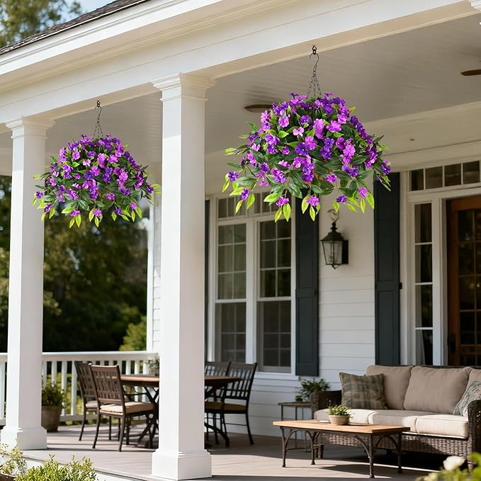 Hommyea Artificial Fake Hanging Flowers Plants Basket for Outdoors Outside Decoration UV Resistant Faux Silk Flowers Look Real Plastic Flowers for Spring Planters Home Porch Patio Garden Decor(purple)