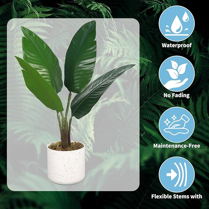 Garvee Set of 2 Realistic Artificial Fiddle Leaf Fig Trees – Decorative Faux Greenery for Home or Office – White Marble Pots – Mini Traveler's Banana – 50cm – Two