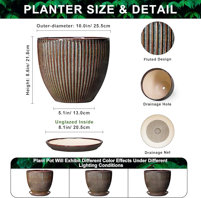 Ceramic Pots for Plants, 10 Inch Planters for Indoor Plants, Decorative Planter with Drainage Hole and Saucer, Round Indoor Plant Pots, Modern Planter, House Decor, Women Men Gifts, Retro Brown