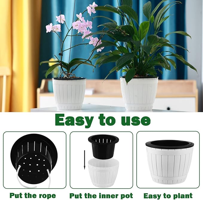 3 Packs 6.5 Inches Self Watering Pots for Indoor Plants Large Plastic African Violet Pots Home Flower Pot Planters for Devil's Ivy, Spider Plant, White