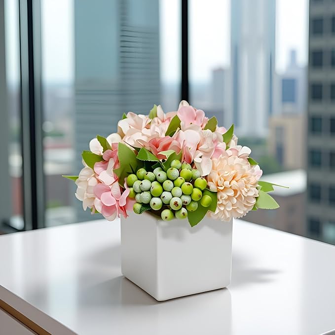 LADADA Artificial Hydrangea Flower Arrangement in Ceramic Vase and Vase Home Decoration Artificial Flower (Pink)