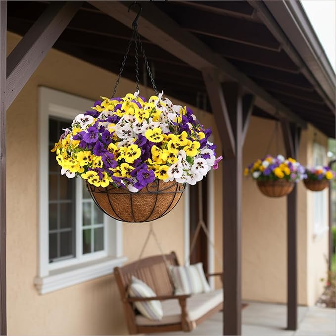 CEWOR 12 Bundles Artificial Flowers for Outdoor Indoor, Fake Silk Pansy with Eucalyptus Leaves, Faux Flower for Garden Front Door Porch Planter Patio Home Decor (Yellow White Purple)