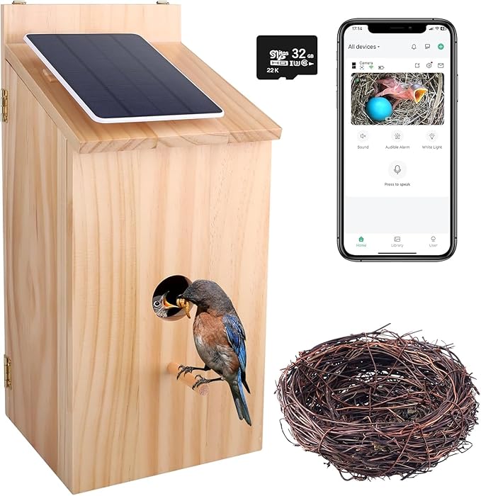 Smart Bird House with Camera, 1080P HD Wireless Birdhouse for Outside with Nest Auto Capture Photo & Video, Solar Powered 2.4G WiFi & App Notify 32G SD Card Waterproof Wooden Birdhouse