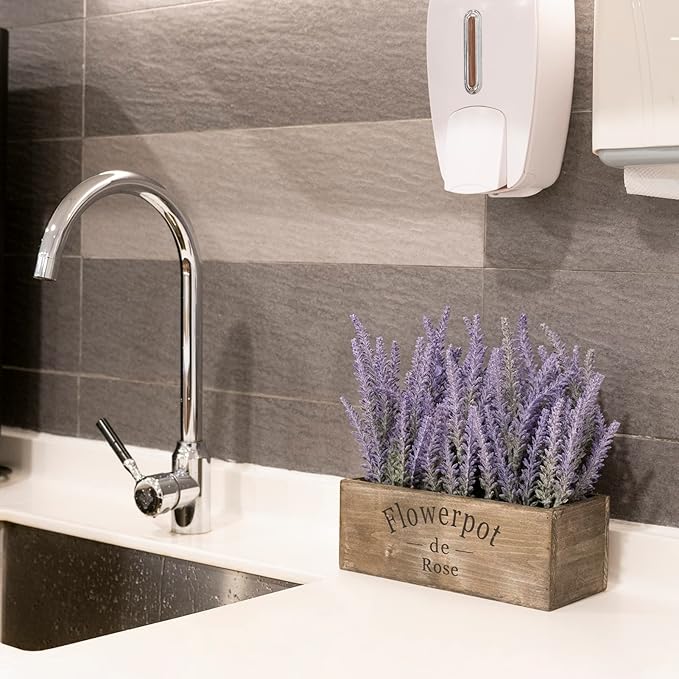 Velener Purple Artificial Lavender Flowers with Decorative Tray Wooden Box 9 Inches - Lifelike Faux Lavender Plants for Home and Office Decor, Fake Lavender Rustic Farmhouse Style