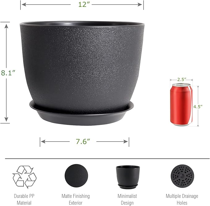 UOUZ 12inch Large Plant Pot, Modern Plastic Planter with High Driange Holes and Saucer for Indoor Outdoor Garden Plants and Flowers, Black