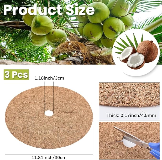 CREATCABIN 3Pcs Coconut Fiber Mulch Ring Plant Pot Soil Cover 30cm Tree Plant Protector Mat Natural Coco Coir Disc Plant Cover Ring Plant Ring Mulch Mat for Indoor Outdoor Trees Plants Landscaping